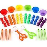 Skylety 74 Pieces Counting Sorting Bears Sensory Bin Tools Fine Motor Skills Handy Scoopers Set Includes 60 Cute Rainbow Sorting Bears, 6 Jumbo Tweezers, 2 Scissors Clips and 6 Colorful Cups