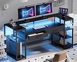 Pamray 58 Inch Computer Desk with Monitor Stand and Shelves Gaming Desk with LED Lights & Power Outlets PC Vanity Table with 2 Drawers for Home Office Black