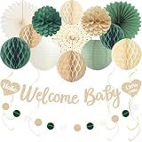 Aonor Sage Green Baby Shower Decorations Boy with Welcome Baby Banner | Pre-Strung Welcome Baby Sign, Paper Flowers, Lanterns, Hanging Swirls, Dots Garland for Boy Baby Shower Decorations, 24pcs