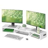 BONTEC Dual Monitor Stand Riser with Smartphone Holder, Adjustable Length & Swivel Angle, Ergonomic Wooden Desktop Organizer for PC Monitor, Laptop, Printer, Large Storage, 42.5 in, White