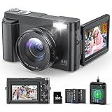 4K Digital Camera for Beginners & Teens, Autofocus 48MP Vlogging Camera for YouTube, 3'' 180°Flip Screen Camera with Flash 16X Zoom, 32G Card Battery Charger Black, Easy to Use
