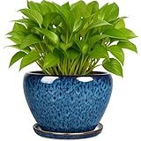 Deep Dream 6 Inch Plant Pots- Ceramic Planter Pot with Drainage Hole and Saucer, Round Flower Pot for Indoor Outdoor Succulent, Snake Plants and Cactus, Blue