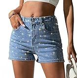 heipeiwa Women's Rhinestone Jean Shorts High Waisted Denim Shorts Sparkle Shiny Sequin Glitter Party Y2K Outfits