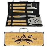 Grill Tool Set, Wooden Grill Tools and BBQ Accessories, Gifts for Men Christmas Grilling Gifts for Dad, Heavy Duty Stainless Steel Grilling Accessories for Outdoor with Spatula, Tongs Aluminum Case