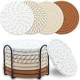 8 Pcs Drink Coasters with Holder, Minimalist Cotton Woven Coaster Set, 4 Colors Absorbent Coaster Protection Protection for Various Cups, Ideal for Coffee Tables and Home Decor Tabletop, 4.3 Inches