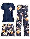 Ekouaer 3 PCS Maternity Nursing Pajamas Set Postpartum Breastfeeding Short Sleeve Shirts, Pregnancy Shorts & Pants Pjs Navy Blue Print L
