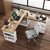 MOUMON L Shaped Standing Desk with Drawers and Shelves, Executive Adjustable Height Desk, L-Shaped Design, 63 inch Tabletop, for Office Oak and White (63”W x 63”D x 28.9-45.3”H)