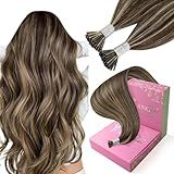 YoungSee 50g 20 Inches I Tip Hair Extensions Human Hair Brown Highlight Itip Hair Extensions Human Hair Dark Brown with Blonde Highlight Itips Human Hair Extension Stick Tip Hair Extension 50 Strands