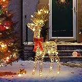 LightsUp Christmas Reindeer Outdoor, 51" H Lighted Reindeer Outdoor Christmas Decor 70 Warm White LED, 3D Rattan Deer Standing Twinkle Deer for Home Yard Patio Garden Outside Decorations