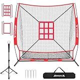 BAGAIL 7x7 ft Baseball & Softball Practice Net with Bow Frame for Batting, Hitting, Pitching, Portable Backstop Training Equipment with 2 Strike Zone, Tee, Carry Bag, Great for All Levels