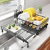 SNTD Dish Drying Rack - Extendable Dish Rack, Large Sink Drying Dish Drainer for Kitchen Counter, Stainless Steel Dish Strainer with Utensil Holder (Black)
