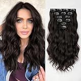 KooKaStyle 6PCS 14 Inch Short Hair Extensions Wavy Curly Clip in Extensions for Women - Dark Brown Synthetic Hairpieces for Daily Chic Look