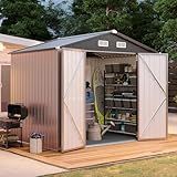 Aoxun 8x6FT Shed with Floor Galvanized Steel Outdoor Storage Shed Metal Garden Shed with Double Doors, Moisture-Proof Floor & Ventilation, Sloped Roof for Bike/Generator/Tool Storage (Brown)
