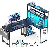 Casaottima Gaming Desk with Power Outlets & LED Lights, 43 Inch Reversible L Shaped Computer Desk with Shelves & Storage Bag, Corner Desk for Home Office, Black