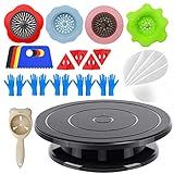 Angela&Alex 11” Rotate Turnable Sculpting Wheel with Acrylic Pouring Strainers Scraper Cone Painter Support Stands Gloves Painting Tools Unique Pattern Train Art Supplies