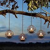 Solar Hanging Lanterns Outdoor Waterproof, Rust Iron Ball Candle Holder with Flickering Solar Powered Tea Lights, Perfect Chargeable Solar Lights for Backyard Patio Garden Fence Tree Decoration-4Pack