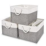 HOdo Home 15.8×11.8×9.5 In/3PCS Storage Bins, Fabric Bin with Drawstring Closure and 2 Bold Handles, Collapsible Large Canvas Baskets for Organizing Shelf Nursery Home Closet (White and Grey)