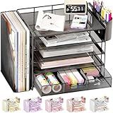 OPNICE Desk Organizers and Accessories with File Holder, 5-Tier Office Desk Accessories & Workspace Desktop Organizer with Drawer and 2 Pen Holder, File Paper Organizer for Office Supplies(Black)
