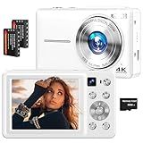 4K Digital Camera, 64MP Autofocus Vlogging Camera with Dual Lens, 16X Digital Zoom YouTube Compact Travel Point Shoot Camera for Teens Beginner, Anti-Shake,2 Batteries, 32GB Card (White)