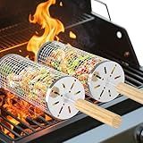 Rolling Grill Basket, Removable Wooden Handle, 304 Stainless Steel, Nesting Grilling Net, BBQ Accessories Tool for Vegetable Shrimp, Outdoor Cooking Camping, Christmas Birthday Gifts for Men Dad Husband