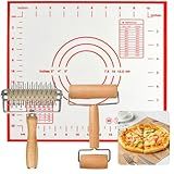 Elesunory 3pcs Pizza Tool Set, Include Pizza Docker, Pizza Dough Roller and Silicone Baking Mat, Dough Docker, Non Slip Baking Mat, Wooden Rolling Pin for Pizza, Cookie, Pie, Pastry, Bread