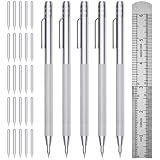 GCHMDE 5-Pack Tungsten Carbide Scriber, Metal Scribe Tool with 25 Replacement Marking Tips & Steel Ruler - Knurled Aluminum Handle & Magnet, Engraving Pen for Glass/Ceramics/Metal Sheet (5)