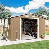 Gotland 10FT x 8FT Sheds & Outdoor Storage, Metal Storage Shed with 1 Large Window Sloped Steps Waterproof Sloped Roof, 2 Lockable Slide Doors Air Vents, for Backyard Patio Lawn Brown