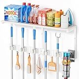 Broom Holder Wall Mount with Cleaning Supplies Organizer, Laundry Room Organization and Storage Shelf with Mop Hanger Rack Gripper Hooks, Utility Shelf Closet Organizer Floating Shelves for Garage