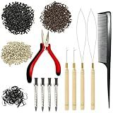 Hair Extension Tools Kit, 3 Colors 600pcs Micro Silicone Rings Beads Hair Extensions Kit Hair Pliers Micro Pulling Hook Needle Loop Threader and 600pcs Micro Silicone Links(Black,Brown,Blonde)
