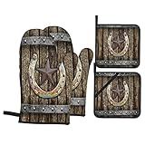 Oven Mitts and Pot Holders Sets of 4 Rustic Farmhouse Rusty Horseshoe Texas Star Vintage Western Country Cabin Brown Polyester Oven Mitts with Oven Gloves and Hot Pads Potholders for Kitchen BBQ