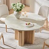 T4TREAM 47" Fluted Round Dining Table for 4-6, Mid-Century Modern Kitchen Table with Thickened Edge & Sturdy Pedestal Base for Kitchen Living Room,Marble & Natural Oak(Table Only)