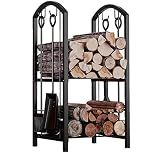 Fire Beauty Wrought Iron Firewood Log Rack with 4 Pcs Fireplace Tools Black