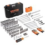 VEVOR Mechanics Tool Set, 145-Piece, Chrome Vanadium Steel, Polyethylene, SAE/Metric Sockets, Combination Wrench, Hex Wrenches, Accessories, Storage Case