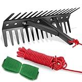 YIVIKPE Pond Rake, Weed Removal Tool, Steel Blades 24 inch Aquatic Weed Rake, Double Sided Lake Weed Cutter, Clean Aquatic Weeds Muck Silt Lake Rakes, 30ft Thicker Rope, Black.