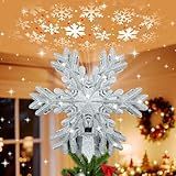 Christmas Tree Topper Lighted with Snowflake Projector, LED Rotating Snowflake, 3D Glitter Lighted Tree Topper for Christmas Tree, Hollow Design, Christmas Tree Decor for Home Office Indoor, Silver