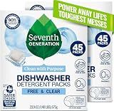 Seventh Generation Dishwasher Detergent Packs, Free & Clear, 45 Count, Pack of 2, Plant Powered Cleaning, Fights Greasy Reside & Stuck-On Food For Sparkling Dishes, Fragrance-Free & Septic Safe