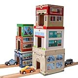 6 Wooden Stacking City Buildings - Nesting Community Helpers Building Boxes - Wood Sorting Cubes Town Play Set for Mats, Toy Cars and Trains - Educational Preschool Track Accessories Learning Toddler