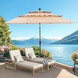 10 FT Patio Umbrella, 3 Tier Outdoor Table Umbrella with 8 Sturdy Glass Fiber Ribs and Push Button Tilt, Outdoor Patio Umbrellas for Market Pool Garden Backyard, 1.5" Pole, Champagne (No Base)