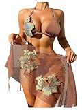 WDIRARA Women's 3 Piece 3D Floral Swimsuits Halter Bikini Set with Cover Up Skirt Rust Brown Large