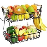 ANTOPY 2 Tier Fruit Basket with 2 Banana Hangers, Countertop Fruit Vegetable Basket Bowl for Kitchen Counter Metal Wire Fruits Storage Stand Holder Organizer for Bread Snack Veggies Produce