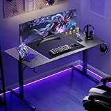 GTPLAYER Gaming Desk 55 Inch with LED Lights, Large Computer Desk with Mouse Pad for Home Office, T-Shaped Carbon Fibre Surface PC Game Workstations with Headphone Hook