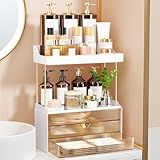 StorBin 3 Large Drawers Makeup Organizer - 5 Tier Bathroom Counter Organizers and Storage, Versatile Perfume Vanity Organizer, Ideal for Cosmetic, Large Skincare, Face Mask, Office Supplies, Amber