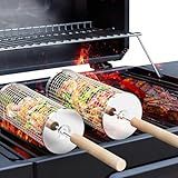 ivtivfu Rolling Grill Basket, Removable Wooden Handle, 304 Stainless Steel, Nesting BBQ Tools, Smoker Grilling Accessories for Vegetable, Outdoor Cooking Camping, Birthday Gifts for Men Dad Husband
