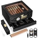 Tesonway Cigar Humidor, Cedar Wood Humidor Cigar Box, Glass Top Desktop Humidor with Front Hygrometer, Humidifier, Divider, Accessories Drawer and Combination Lock, Cigar Gifts for Men (Black)