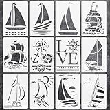 12pcs Sea Ocean Sailing Boat Seagull StencilNautical Sailboat Painting Stencils with Paint Brush Summer Sea Wave Fish Cloud Template for DIY Craft Furniture Wood Canvas