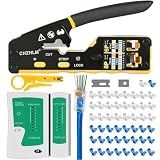 RJ45 Crimp Tool Kit Pass Through Crimper RJ45 Crimping Tool Stripper Cutter Crimper All-in-One for 8P RJ45 Cat5 Cat5e Cat6 6P RJ11/12 Telephone Connectors Network Enthernet Crimper kit