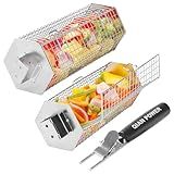 Grill Baskets 2PCS 304 Stainless Steel with Removable Wooden Handle Hexagon Design for BBQ Camping & Outdoor Cooking Accessories, Great Gift for Grill Lovers