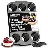 Wrenbury Pro Mini Cheesecake Pans Removable Bottom 12 Hole - Heavy Gauge Carbon Steel Non Stick Pan Loose Bottom Springform - 3 Inch Small Individual Cheesecakes Tin - PFOA Free