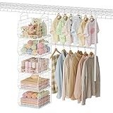 5 Tier Extended Depth Hanging Closet Organizer with Adjustable Width and Height Hanging Rod, Storage Shelves for Sweaters Towels Handbags, Stackable Metal Bins for Closet, Laundry, Dorm, White