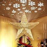 Christmas Star Tree Topper with Built-in Led Snowflake Projector Lights Hollowed Pentagram Tree Topper,Plug in Christmas Tree Ornament for Indoor Office Xmas New Year Holiday Tree Decoration